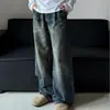 Jeans masculinos largos de perna reta e perna larga, estilo retrô americano, lavados e desgastados, calça longa casual cleanfit com favos de mel e bigodes de gato