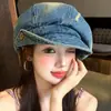 Boina de mezclilla desgastada y rota con ala grande, gorra de pintor tipo boina vintage para mujer que hace que la cara se vea más pequeña