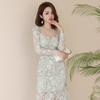 Outono 2026 Novo Estilo Feminino Fresco e Elegante Decote Quadrado Slim Fit Realçador da Pele Verde Renda Bodycon Vestido 20299