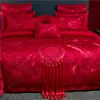 Juego de Cuatro Piezas de Algodón de Fibra Larga de Gama Alta para Boda Juego de Boda Chino Bordado Rojo Ropa de Cama de Boda de Algodón Puro