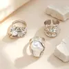 Conjunto de anéis criativos transfronteiriços europeus e americanos com flor de gota de óleo microcravejada para mulheres, anel aberto elegante com pérola em gota d'água