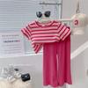 Conjunto de dos piezas para niña, traje de verano para bebé, elegante, personalizado, de marca de moda, estilo coreano, camiseta de manga corta a rayas, pantalones anchos