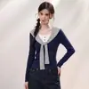 Camiseta de manga larga azul oscuro tipo dos piezas para mujer, chal a rayas, top base ajustado