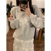 Sudadera Fina con Lazo de Encaje Americano Hombro Descubierto para Mujer Primavera y Otoño 2025 Estilo Holgado Perezoso Top de Manga Larga Off-Shoulder