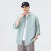 Camisa Casual de Verano para Hombre de Manga Tres Cuartos, Lavado Vintage de Tencel, Sencilla de Corte Holgado, Tendencia de Moda