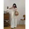Conjunto Combinando Super Quente de Verão para Mulheres Plus Size Novo Estilo Chinês Cheongsam Modificado Azul Claro Calças Brancas de Perna Larga