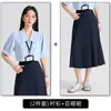 Estilo de Viaje al Trabajo Solapa Grande Camisa Profesional Top de Moda Verano Nuevo Camisa de Gasa Azul Camisa de Manga Corta para Mujer