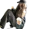 Calça de Tricô Casual Listrada Estilo Coreano Relaxada e Preguiçosa para Mulheres, Outono e Inverno Cintura Baixa Fluida Emagrecedora Perna Reta