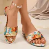 Zapatos de mujer para comercio exterior transfronterizo, sandalias de tacón bajo con estampado de estilo étnico, pantuflas de mujer, sandalias de tirante único con punta abierta estilo europeo y americano