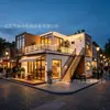 Casa comercial modular de múltiples cajas con empalme escalonado, plataforma de madera al aire libre para ocio, tienda de té y postres en zona escénica