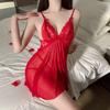Lencería sexy roja de encaje tentación, camisón de talla grande, pijama transparente abierto, uniforme sin despegar.
