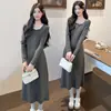 Ropa de maternidad para primavera y otoño, nuevo vestido negro de manga larga con botones, disimula el vientre y es adelgazante, vestido de línea A de longitud media, soporta el vientre sin apretar