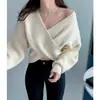 Ropa nueva de mujer estilo coreano Dongdaemun, elegante y simple, suéter top de punto holgado con cuello en V cruzado, gris, talla única