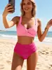 Traje de baño de dos piezas transfronterizo, Bikini de color liso de cintura alta, Vacaciones en la playa, Comercio exterior europeo y americano, Mujeres de talla grande, Talla grande, Super reductor