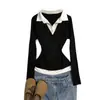 Chegada Nova de Outono Bloco de Cores Gola Lapela Gola Polo Falsa Peça Única Manga Longa Moda Decote V Slim Fit Camisa Base Camiseta Feminino Atacado
