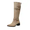 Botas de Cano Alto com Salto Bloco e Fivela Retrô Femininas 2026 Não Acima do Joelho Emagrecedoras Botas Slim Botas de Equitação Bico Fino Botas Amassadas Empilhadas