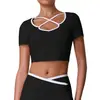 Roupa de Yoga Cor de Verão Color Block Vazado Cropped com Bojo Camiseta Crop Top para Esportes ao Ar Livre Fitness