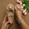 Zapatos Mary Jane para mujer con lazo y adornos de perlas, color albaricoque, de una sola tira, puntera redonda, suela plana, disponibles en tallas más grandes para mercados internacionales