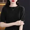 Moda cuello redondo hexagonal color sólido hueco jersey manga abullonada holgado casual primavera y verano algodón tejido para mujer manga corta
