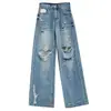 Calça Jeans Rasgada Azul para Mulheres, Tendência de Verão Nova Cintura Alta Emagrecimento Solta Versátil Reta Perna Larga