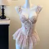 Camisola Floral Pin Yuan Lingerie Erótica Vestido-Regata Sexy Francês Puro Desejo Conjunto Espinha de Peixe com Bojos Tentação Sono