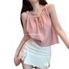 Camisola Francesa Fresca Sem Mangas com Cordões Doce Temperamento Verão Nova Design Solto Emagrecedor Top Curto