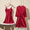 Encouraçado Feminino Pijamas Primavera e Verão Mulheres Sexy Five-piece Set Silk Nightgown fino com almofada peito Sling camisola feminina camisola