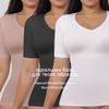 Ropa Moldeadora de Cuerpo Talla Grande Europea y Americana Transfronteriza Ajustada para la Parte Superior del Cuerpo, Ajustada para el Vientre, Camiseta de Manga Corta, Top Moldeador de Cuerpo de Cintura con Cuello en V para Mujer