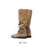 Botas de Vaquero Occidentales Estilo Retro 2025 Otoño Nuevas Tacón Grueso Cordón Trenzado Botas de Caña Arrugada Botas Largas de Caballero