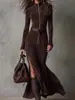 Vestido Largo Sexy Europeo y Americano Transfronterizo Ajustado con Mangas Largas Elegantes y Detalles de Cremallera, Estilo Nuevo