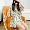 2026 Nuevo Pijama de Algodón y Seda de Longitud Larga para Casa, Ropa de Dormir de Algodón Artificial, Traje de Aire Acondicionado Estilo Cárdigan con Cuello en V, Ropa para el Hogar