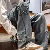 Calça Jeans Masculina Estilo Americano para Primavera e Outono, Calça Wide Leg Estampada com Estrelas, Levemente Flare, Calça Reta Loose High-Street, Nova Coleção de Outono