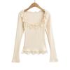 A41-24 Inverno Novo Estilo Francês Puro Desejo Doce Menina Sexy Grande U Neck Renda Manga Comprida Base Camisa T-shirt