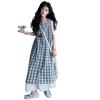 Conjunto de Blusa sem Manga Xadrez Estilo Coreano e Saia para Meninas, Novo Conjunto de Saia de Duas Peças Moda Verão para Crianças Maiores