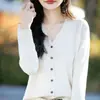 Casaco cardigã de malha de algodão puro com decote em V, novo para outono e inverno, modelagem solta, estiloso, de manga comprida, top feminino simples estilo coreano