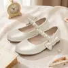 Sapatos Mary Jane de Pérola para Meninas com Laço de Cetim Sola Macia Sapatos de Princesa Sapatos Rasos de Couro para Apresentação Infantil