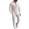 Conjunto de Dos Piezas para Hombre de Lino de Color Sólido, Informal, Manga Larga, Pantalón Largo, Exportación, con Cuello Alto, Moda Deportiva, Conjunto de Ropa para Hombre