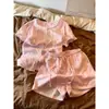 Pijama rosa dulce de estilo francés con ribete de encaje para mujer, conjunto de ropa para el hogar de verano con cárdigan de manga corta y pantalones cortos