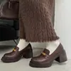 Mocasines de Estilo Británico con Hebilla Dorada, Suela Gruesa de Cuero, 2026 Primavera, Tacón Grueso Redondo, Zapatos de Cuero Genuino de Corte Profundo para Mujer
