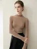 Suéter de lujo 100% cachemira pura para mujer, cuello semi-alto, acanalado, corte ajustado, manga larga, suéter base de punto simple