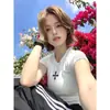 Camiseta de Manga Corta Estilo Americano Picante para Mujer, Verano, Estampado Cruzado, Cuello Redondo, Ajustada, Corta, Alta Elasticidad