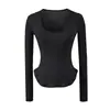 Camiseta Base Versátil Ajustada Dulce y Picante con Dobladillo Curvo, Top Corto Cintura de Hormiga, Camiseta de Manga Larga Irregular Estilo Puro Deseo para Mujer