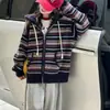 Casaco Infantil Acolchoado Outono Inverno 2024 Novo Lançamento Estiloso para Meninas Grandes com Capuz Tricô Cardigan Suéter Listrado Infantil