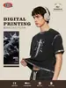 Camiseta Boxy Curta Larga de Manga Curta com Estampa de Tinta Desgastada para Homens, Marca Americana Retro Tendência Estilo Wasteland, para o Verão.