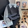 Suéter de camisa de manga longa com retalhos listrados falso duas peças para mulheres, novo estilo outono e inverno, top de malha elegante e versátil, jovem e moderno