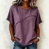 2026 Europeu e Americano Transfronteiriço Verão Amazon Novo Gola Redonda Casual Painel com Borda Desfiada Algodão Linho Solto Manga Curta Blusa Feminina