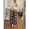 Pantalones de pierna ancha a cuadros azules y negros de moda para mujer, delgados de verano, cintura alta, adelgazantes, fluidos, holgados, casuales, hasta el suelo, talla grande