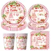 Novo Produto da Amazon Morango Doce Tema Batizado de Bebê Decoração de Festa de Bebê Suprimentos Pratos de Papel Descartáveis e Guardanapos