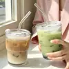 Copo de Vidro de Bambu com Listras Verticais da Moda com Tampa de Canudo, Copo para Café Gelado e Chá com Leite, Copo de Bebida Doméstico Estilo Ins