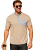 Amazon Verano Transfronterizo para Hombre Camiseta Henley Casual Holgada de Manga Corta con Cuello Alto de Punto Waffle y Bolsillo Color Block